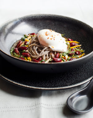 Chilled Soba with Spicy Red Beans + Poached Eggs