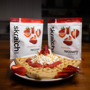 skratch recovery mix and a waffle with whipped cream, jam, and strawberries